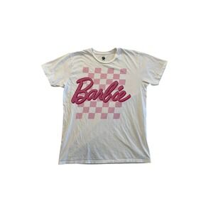Barbie Logo Graphic T-Shirt White Pink Checkered Script Size L by Mattel